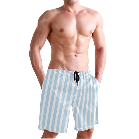 Dailycode Men's Quick Dry Swim Trunks Beach Shorts Casual Summer Board Shorts with Pockets, Light Blue and White Stripes