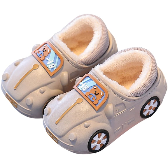 Toddler Walking Shoes Funny Car Shape Cartoon Crib Shoes Boys Girls Warm Plush Lined Slip on Slippers Waterproof Antislip Mules Grey 12.5 Little Kid