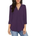 thumbnail image 2 of Otntypg Womens Collared Ruched V Neck 3/4 Sleeve Shirts Business Casual Tops Loose Work Blouses Trendy Solid Color Flowy Dressy Tunic Shirt Purple L, 2 of 6