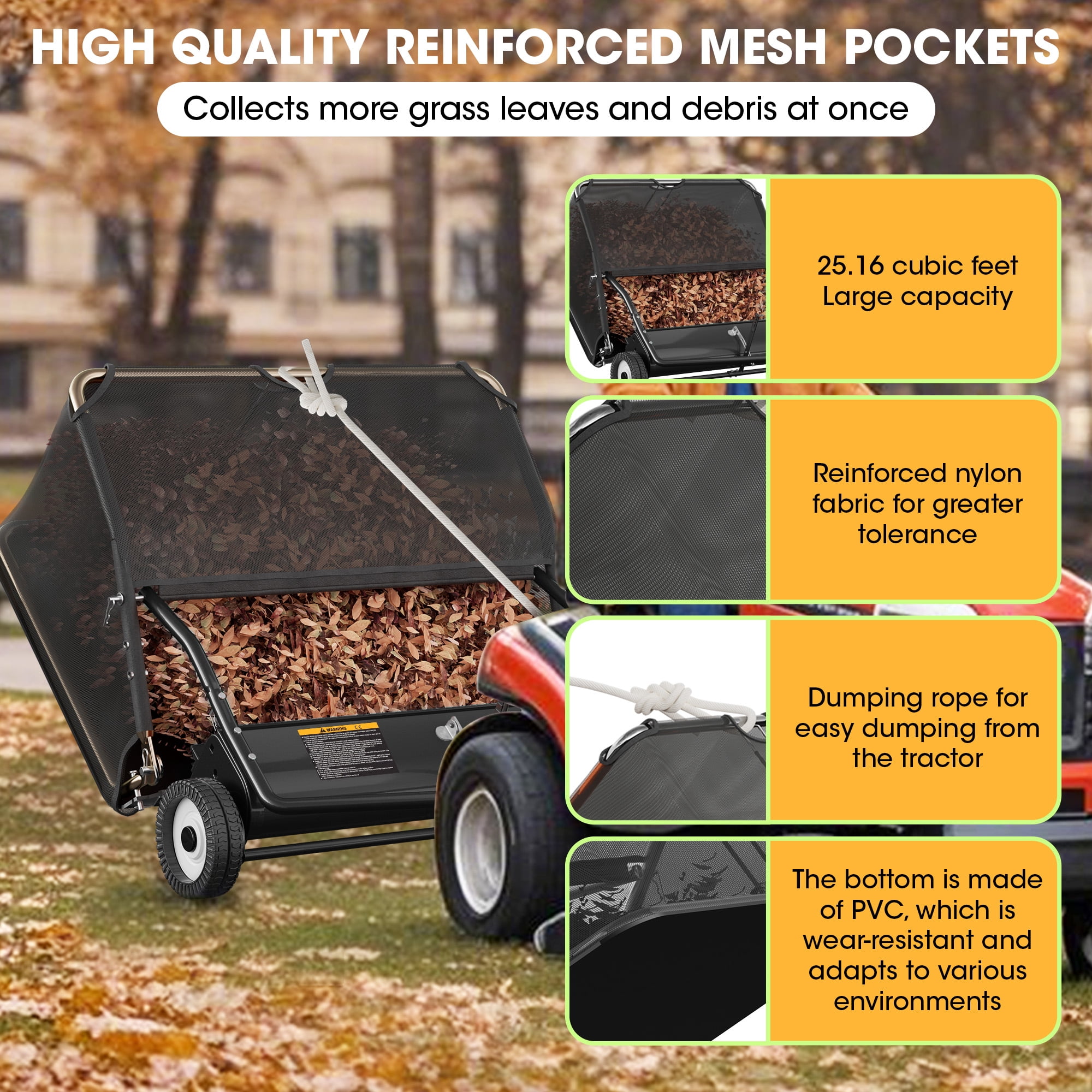 48" Tow Behind Lawn Sweeper Leaf Collector Sweeper for Lawn 25.16 Cu.ft Capacity