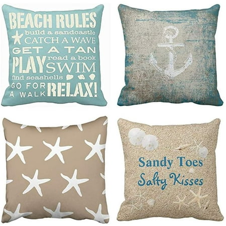 

Set of 2 Throw Pillow Covers Beach Starfish Words Rules Holiday Summer Nautical Anchor Distressed Taupe Decorative Pillow Cases Home Decor Square 16x16 Inches Pillowcases