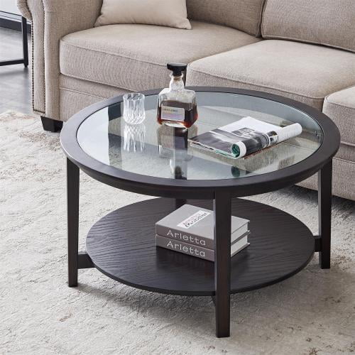 Modern Solid Wood Round Coffee Table With Tempered Glass Top Black Color 36 Com Modern Solid Wood Round Coffee Table, Round Wooden And Glass Coffee Table