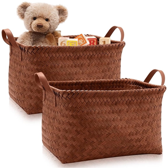 2 Pcs Storage Baskets,Large Wicker Storage Basket for Shelves Woven Basket with Handle Seagrass Storage Baskets Storage Box Organizer for Bedroom Bathroom Office