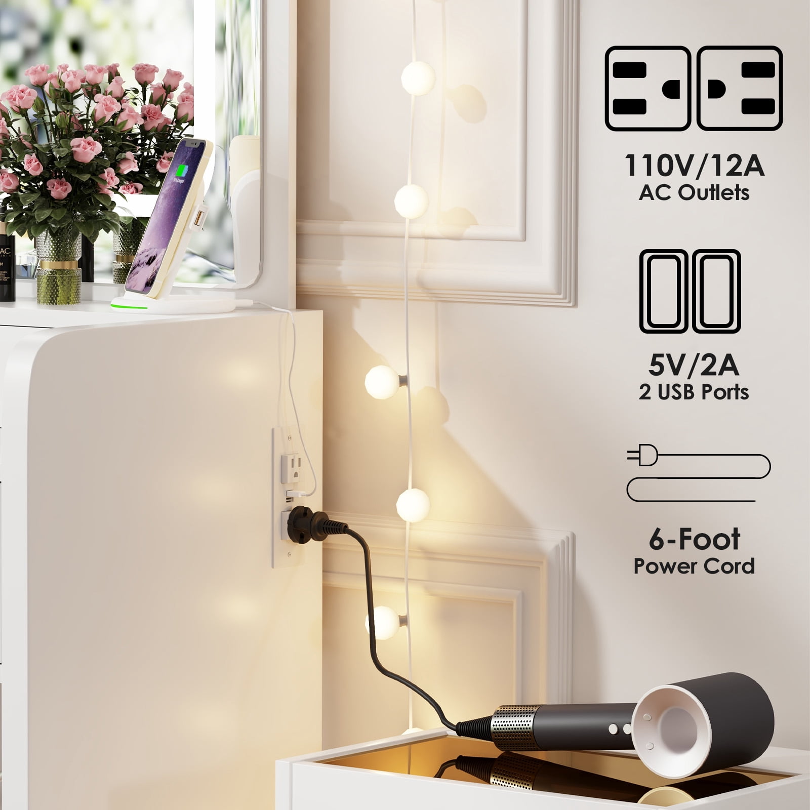 Vanity Desk with Mirror and Light, Vanity Dressing Table with Storage Bench, Charge Station, White