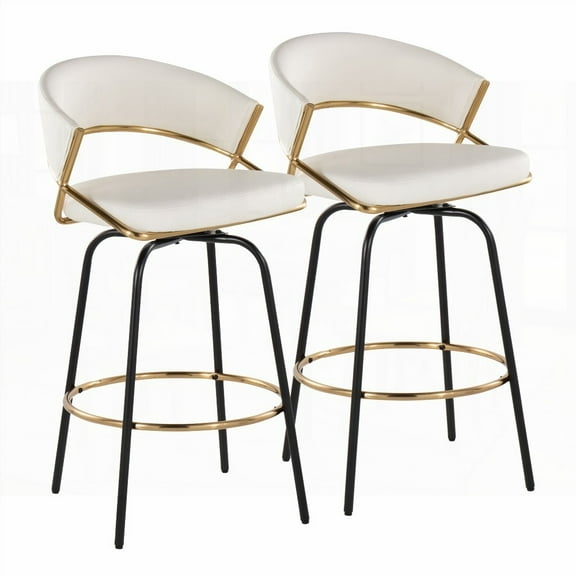 2-Piece Gold Metal & White Faux Leather Counter Stool with Black Legs & Round Footrest - Contemporary Style