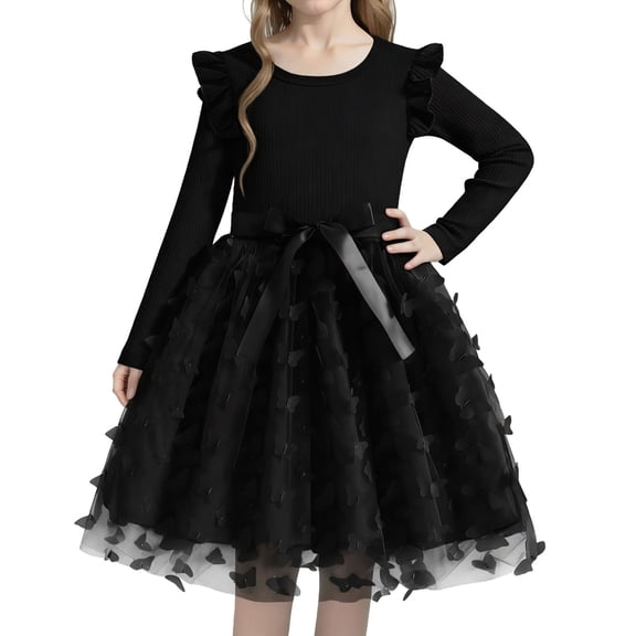 hengsof Layered Tulle Bow Accent Party Dress for Girls, Long Sleeve Netting Formal Gown, Sweet Style Dress for Special Events, Size 1-8 Years