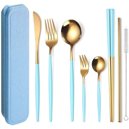 

8 Pieces Stainless Steel Flatware Set Portable Reusable Cutlery Set Travel Utensils Set Including Chopsticks Knife Fork Spoon Stra