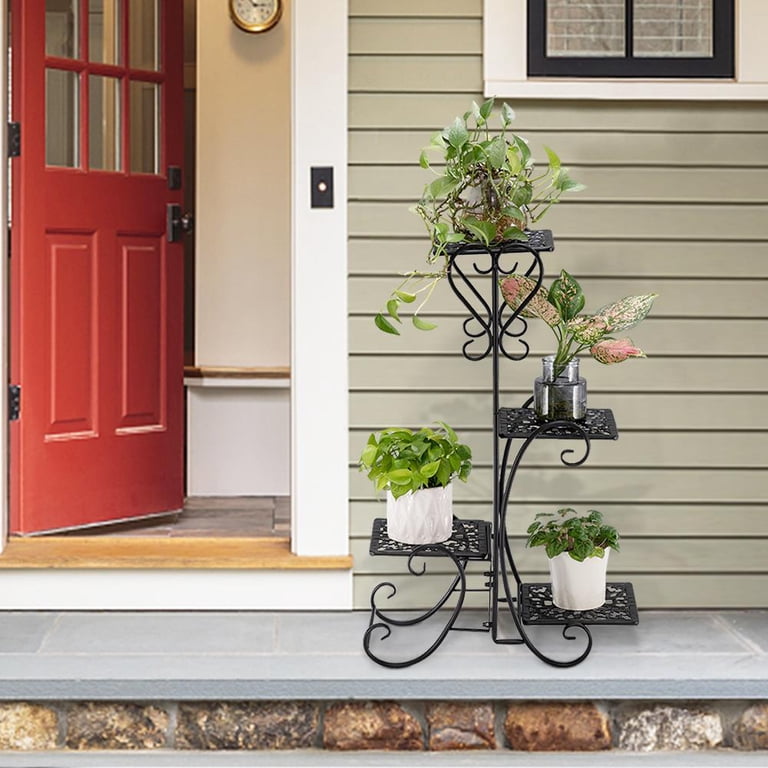 ブラック金属製四角形プランター台 Ktaxon Metal 4-Tier Indoor Vertical Plant Stand, Flower Pattern
