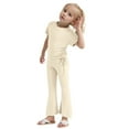 thumbnail image 3 of LUOGENLI Girls Summer Outfits Size 14-16 Plus 4th of July Girls Clothes Summer Solid Knit Short Sleeve T Shirt Tee Flare Pants Set Toddler Bell Bottoms Outfit 5-6 Years, 3 of 8