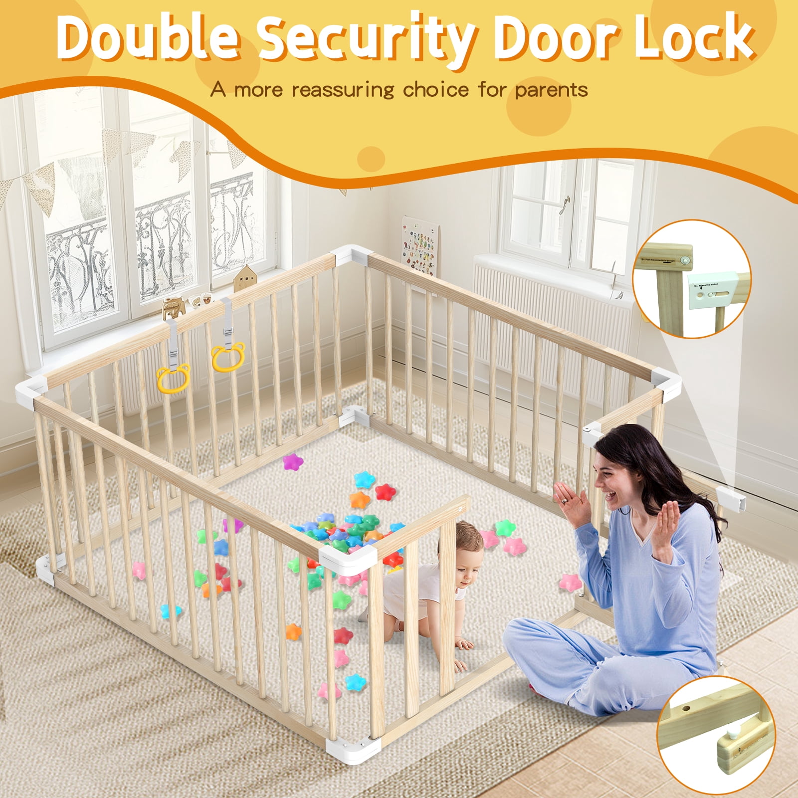 Wooden Baby Playpen, Portable Activity Center for Indoor & Outdoor Use, 43x43in Safety Play Yard with Lockable Door, 2 Handles & 30 Ocean Balls