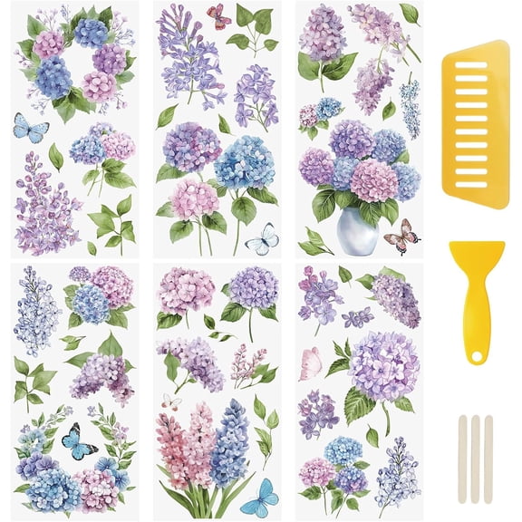 6 Pcs Hydrangea Rub On Transfer Sticker,Butterfly Stickers Vintage Flower Decals for Present Packaging DIY Scrapbooking Photo Albums Furniture,15 * 30cm