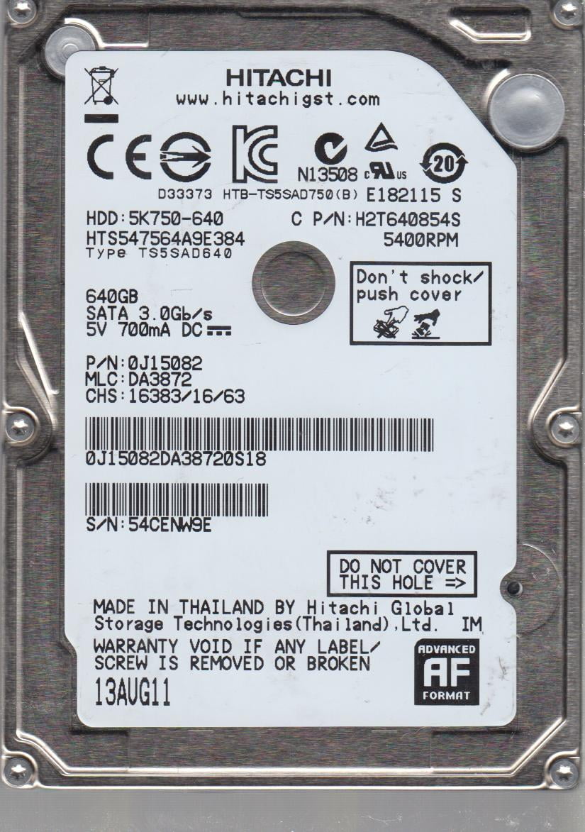 HTS547564A9E384, PN 0J15082, MLC DA3872, Hitachi 640GB SATA 2.5