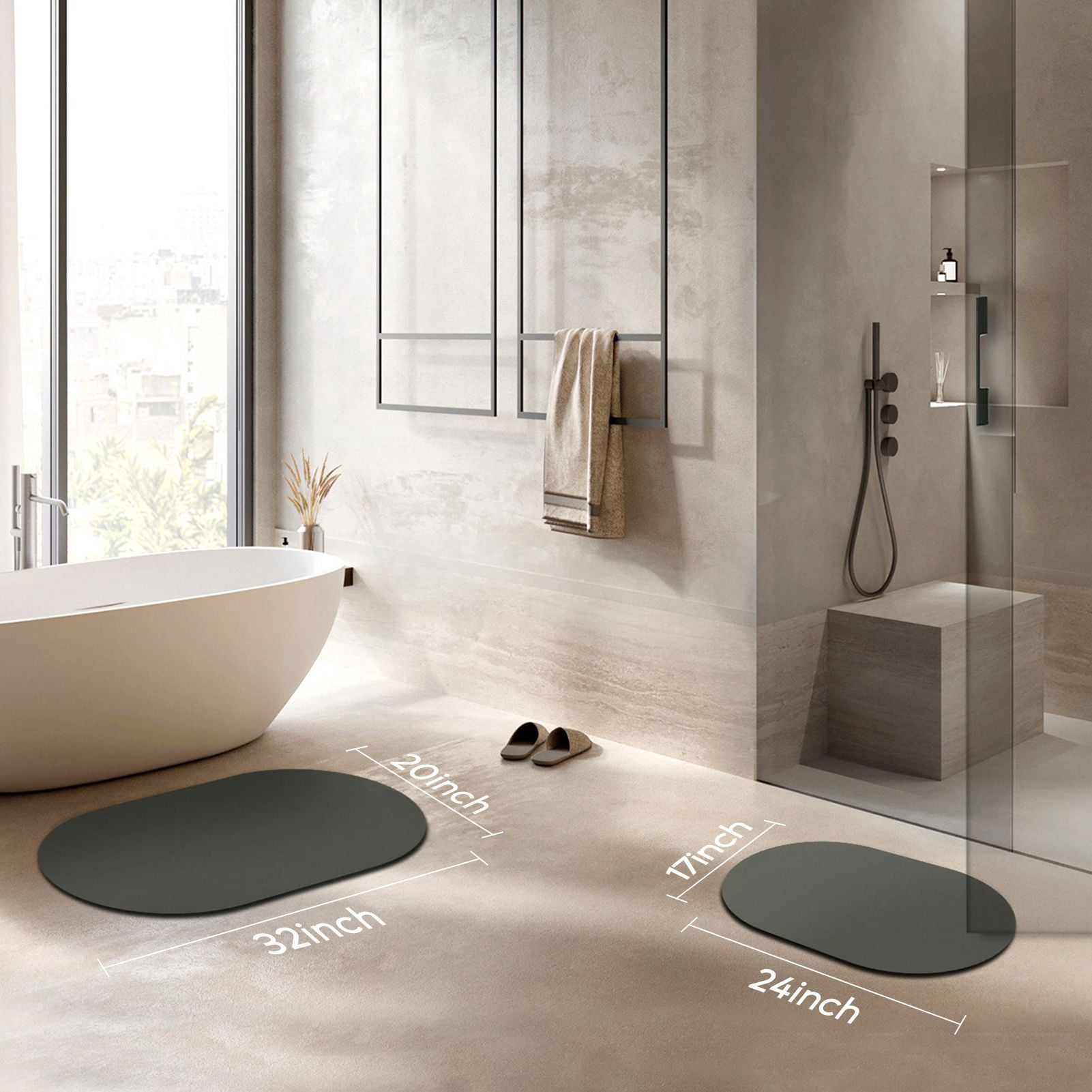 Phantoscope 2-Piece Diatomite Stone Bath Mat Set, Quick-Dry Non-Slip Bathroom Rugs, Black, 17 x 24 in and 20 x 32 in