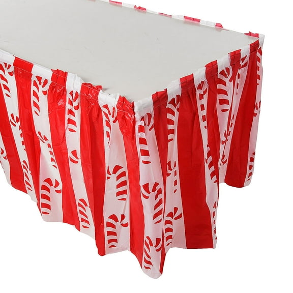 Fun Express 14 ft. x 29" Christmas Candy Cane Disposable Plastic Table Skirt