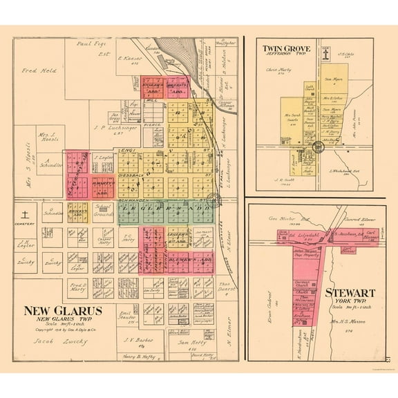 Historic City Map - New Glarus Twin Grove Stewart Wisconsin - Ogle 1918 - 26.30 x 23 - Vintage Wall Art