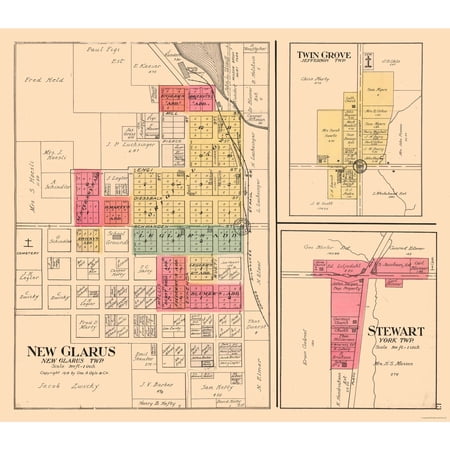 Historic City Map - New Glarus Twin Grove Stewart Wisconsin - Ogle 1918 - Vintage Wall Art