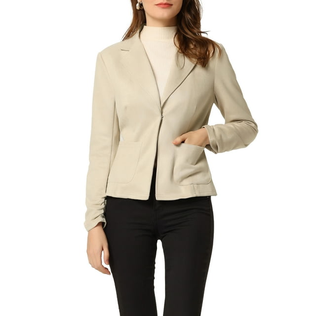 INSPIRE CHIC Women's Faux Suede Button up Casual Open Front Drawstring Long Sleeve Blazer L Beige