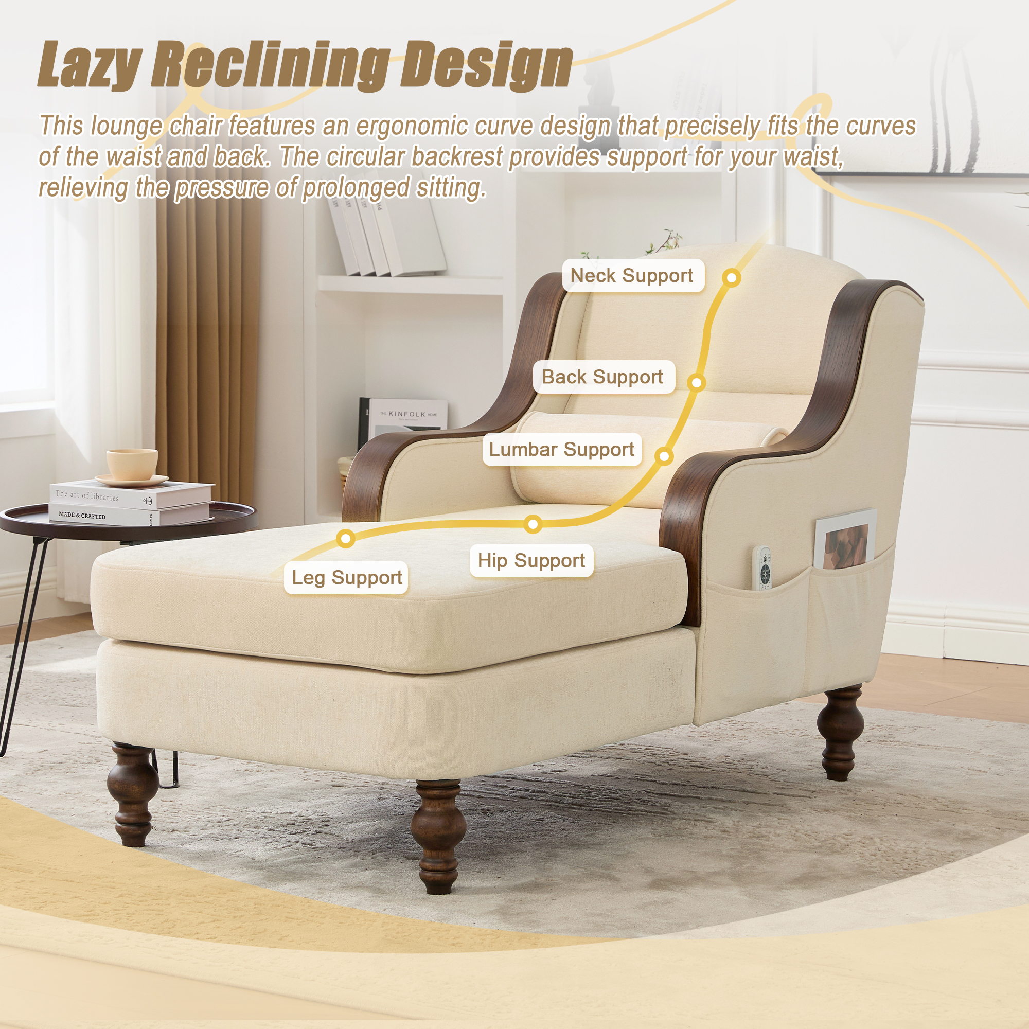 MOONMISS Chenille Upholstered Wood Frame Oversized Chaise Lounge with Side Pocket for Living Room,Bedroom-Beige