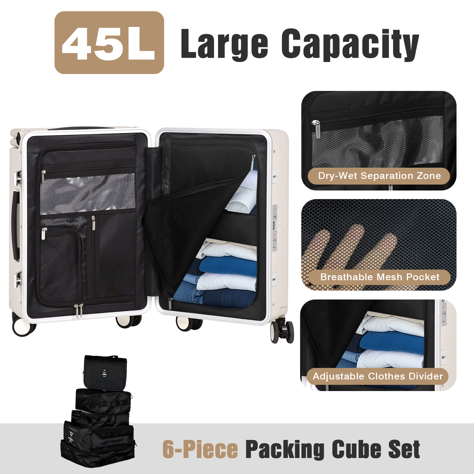 Advwin 20" Ride On Luggage with Foldable Seat, Cup/Tablet Holder, 6 PCs Packing Cube Set & TSA Lock, Hard Shell PC Spinner Travel Suitcase for Kids & Adults, Beige