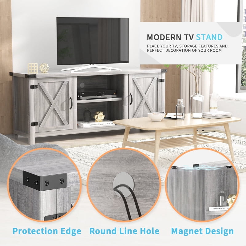 Homall Farmhouse TV Stand for 65 Inch TVs, Gray Wash Wood Entertainment Center with Storage Cabinet & Cable Management