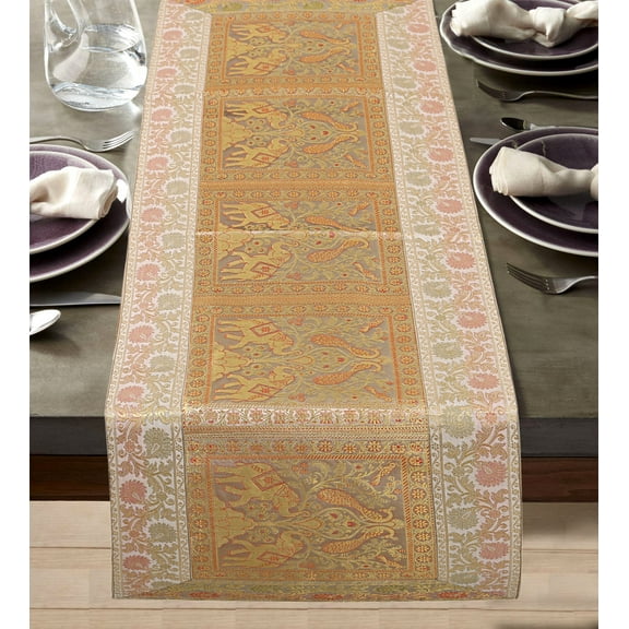 DK Homewares Indian Traditional Christmas Party Kitchen Decoration White Gold Table Runner Brocade Satin 60 Inches Long Jacquard Elephant 5 Ft Centerpiece ( 150 X 40 Cm )