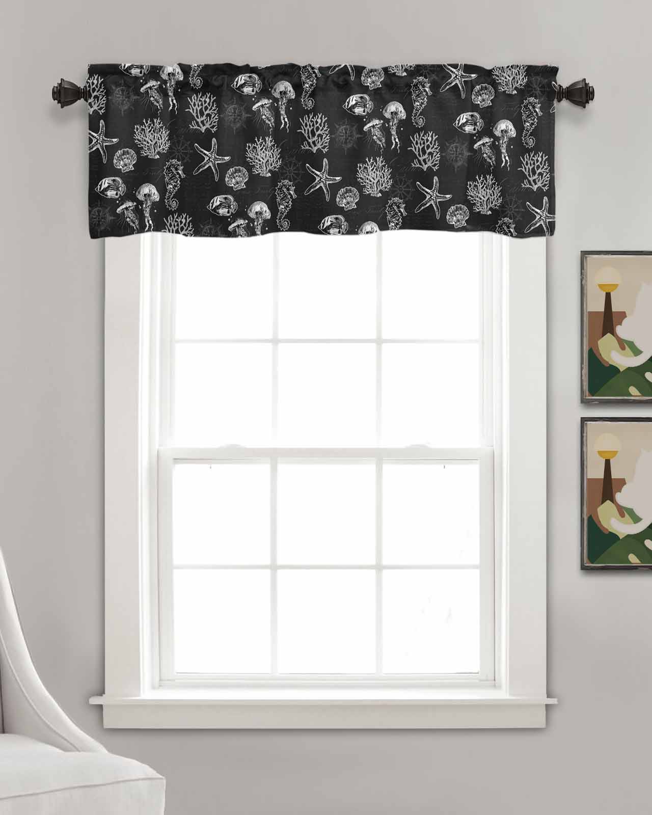 Black Coastal Kitchen Valances for Windows Farmhouse Linen Window Valance Curtain for Living Room Window Treatment Nautical Starfish Jellyfish Seahorse Valance Rod Pocket Topper Drape, 42 x 18 Inch
