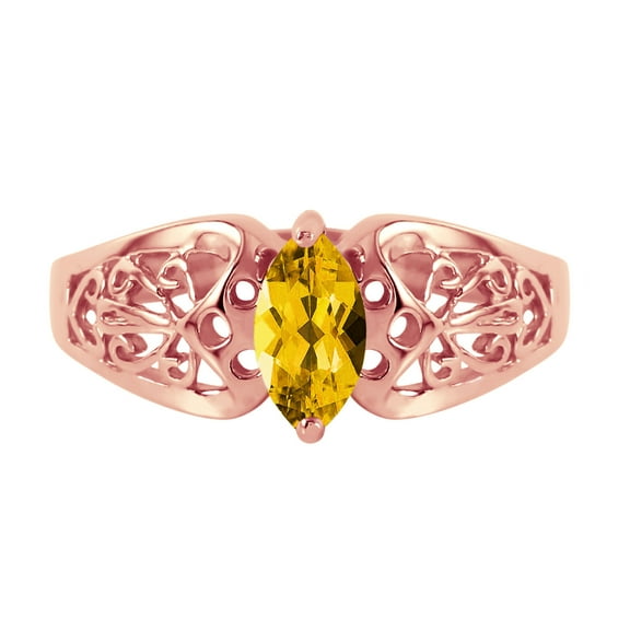 Galaxy Gold 14K Rose Gold Natural Marquis-Shaped Citrine Filigree Solitaire Ring - November Birthstone - Warmth & Prosperity - Sizes 5.5 to 11 - Fine Jewelry for Women