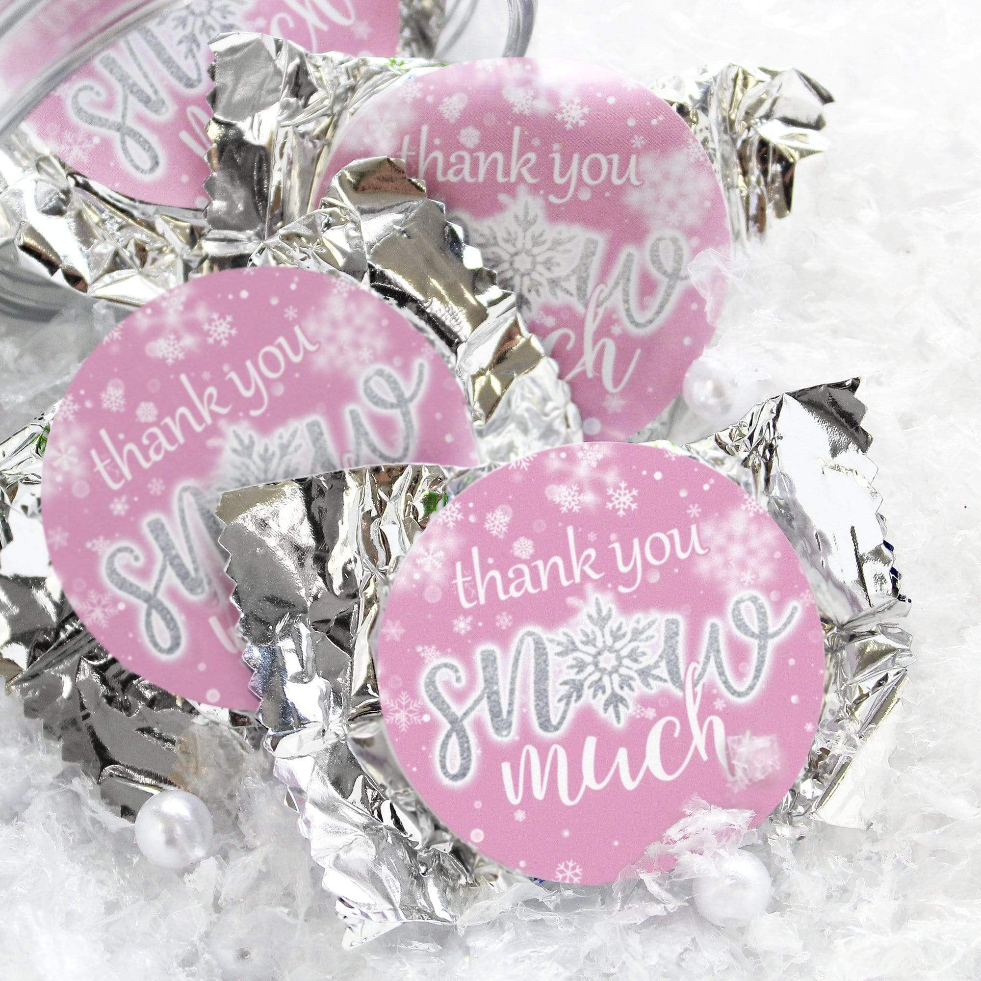 Set of 12 Pink Thank You SNOW MUCH Stickers 