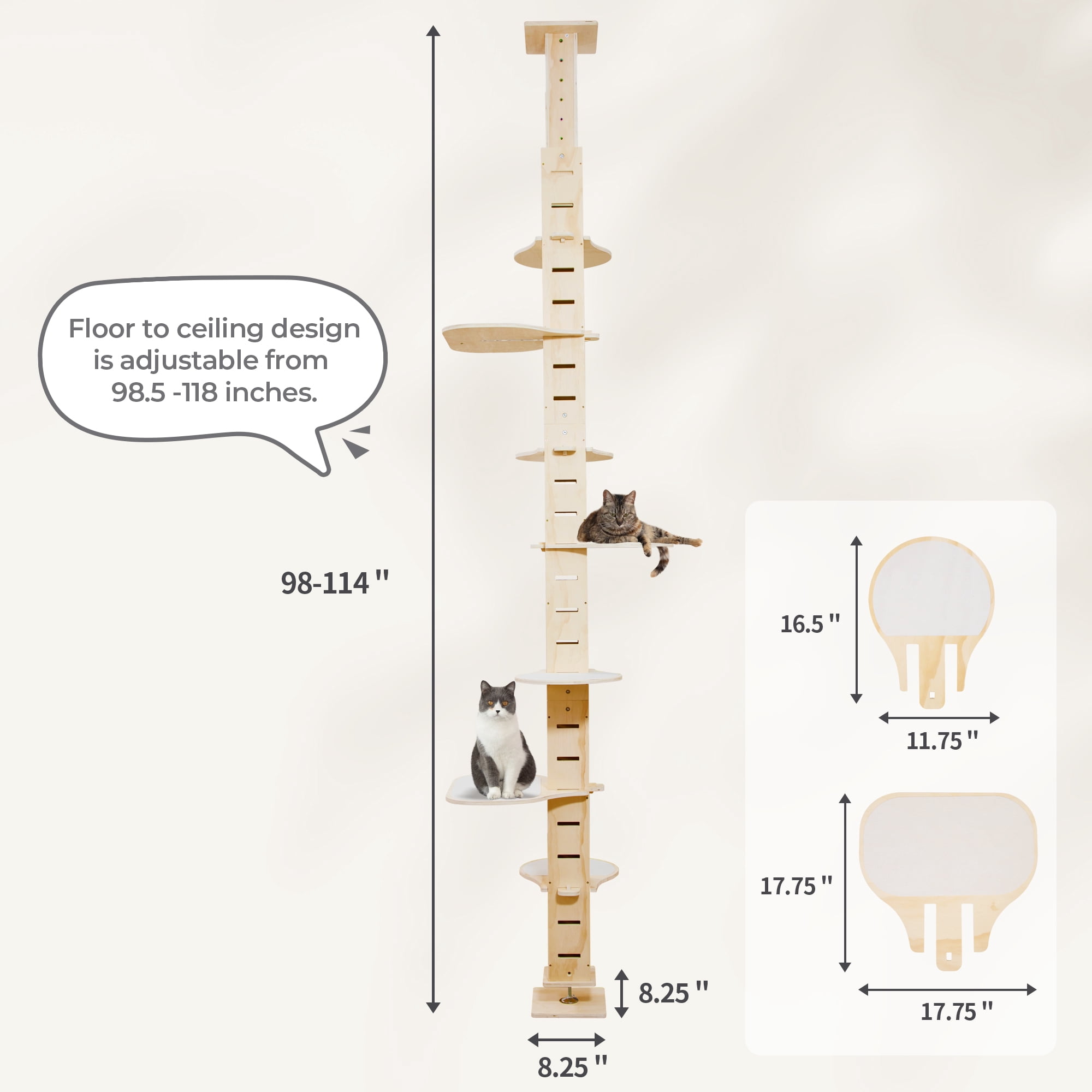 Pefilos Cat Tree Tower for Indoor Cats, Floor to Ceiling Cat Condo for Large Cats Tall Adjustable (98"-114"), Adult Cat Height Kitty Climbing Activity Center, Beige