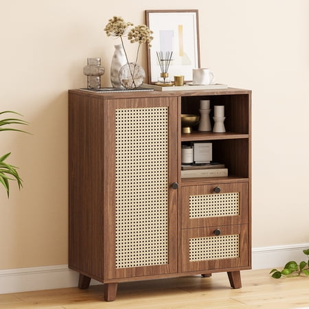 27.5 Rattan Buffet Sideboard with Drawers - Adjustable Shelf Storage Cabinet for Living Room Kitchen Entryway Walnut