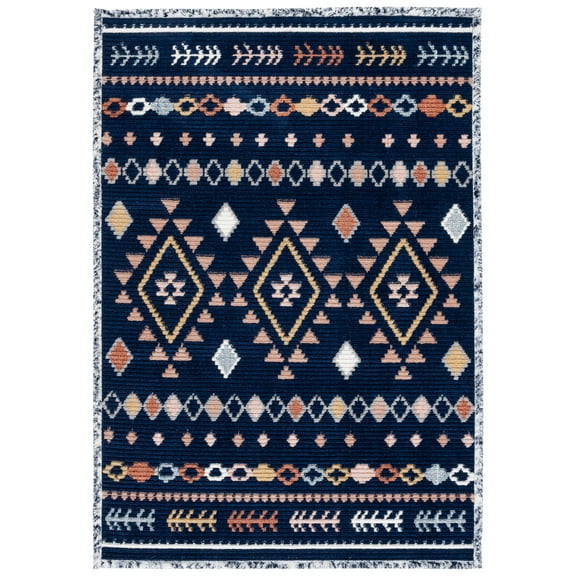 SAFAVIEH Marrakesh Lemoine Southwestern Polyester Area Rug, Navy/Multi, 4' x 6'