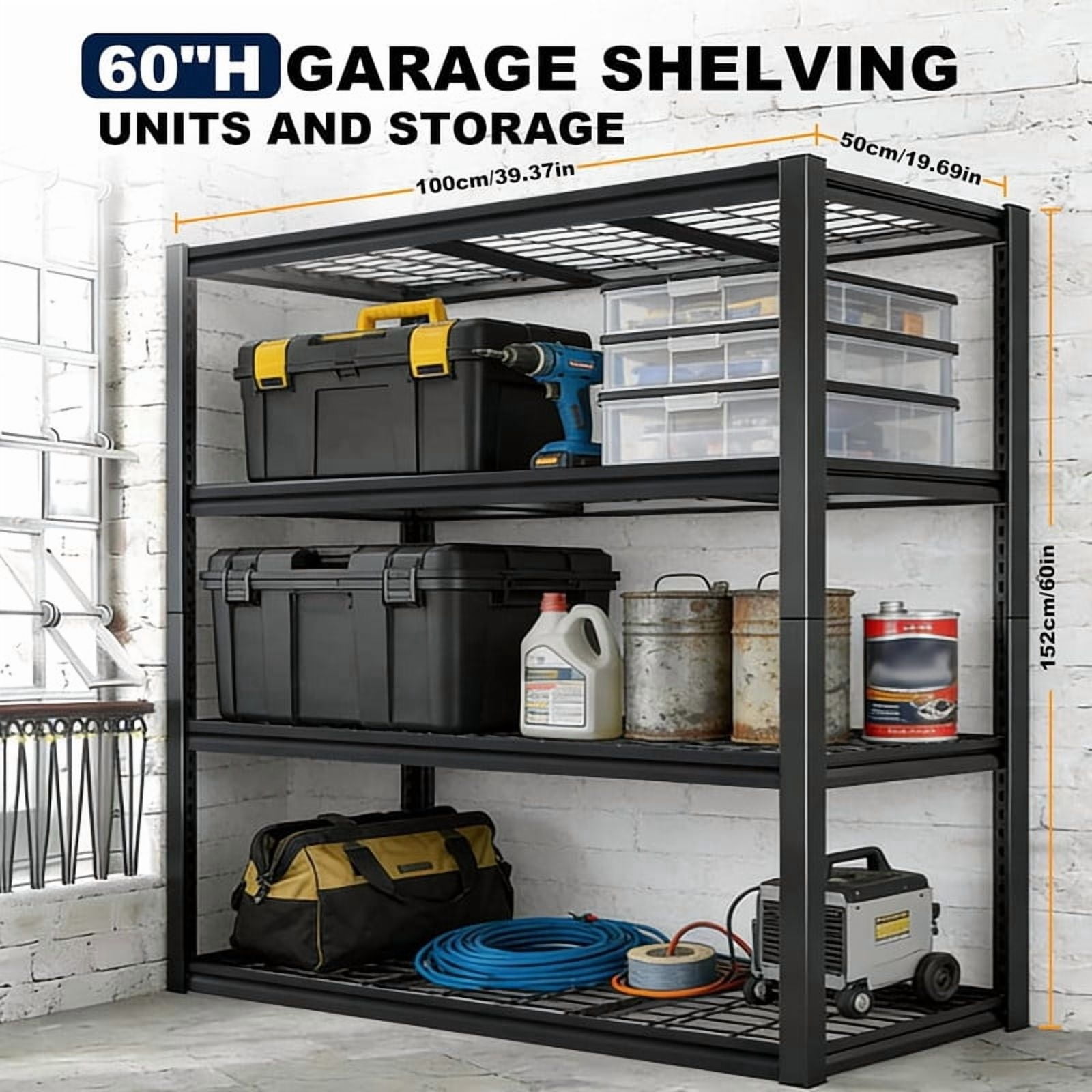 60''H Garage Shelf Storage  Shelving Unit, 4 Tiers Storage Racks, Free Standing Heavy Duty Metal Adjustable Shelves