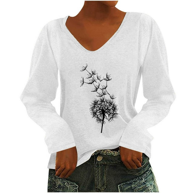 Yuyuzo Womens Basic Fall Tops V Neck Long Sleeve Dandelion Pattern Comfy Tunic Top Tees Pullover Blouse