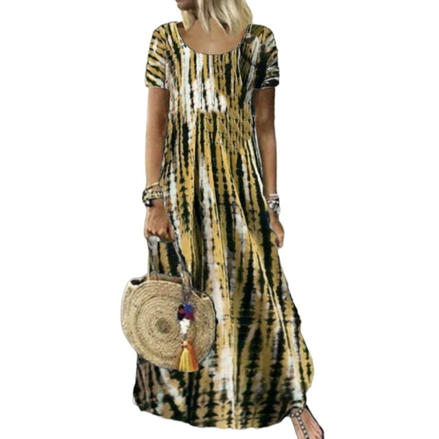 Daeful Robe à Manches Courtes Robe d'Été Col Rond Robes Dames Bohème Ample Imprimé Teinture sur Nœuds Jaune 2TG