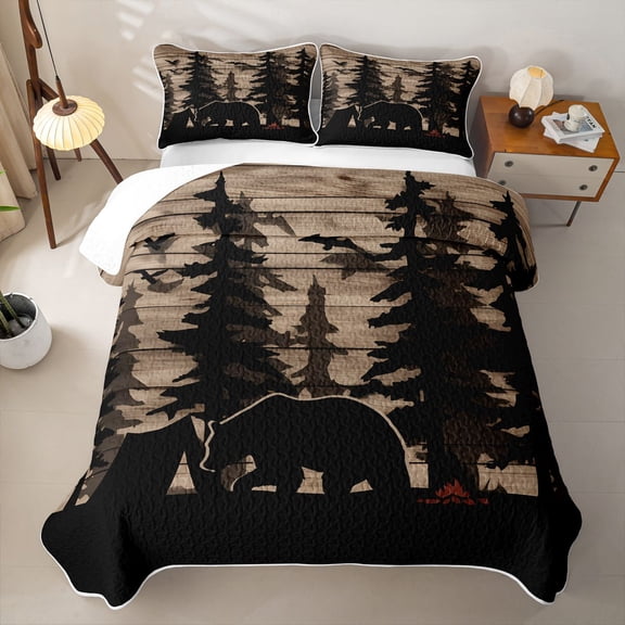 Erosebridal Vintage Camp Bear Twin Quilt Set,Pine Tree Silhouette Pattern Twin Coverlet Set For Boys,2 Pieces