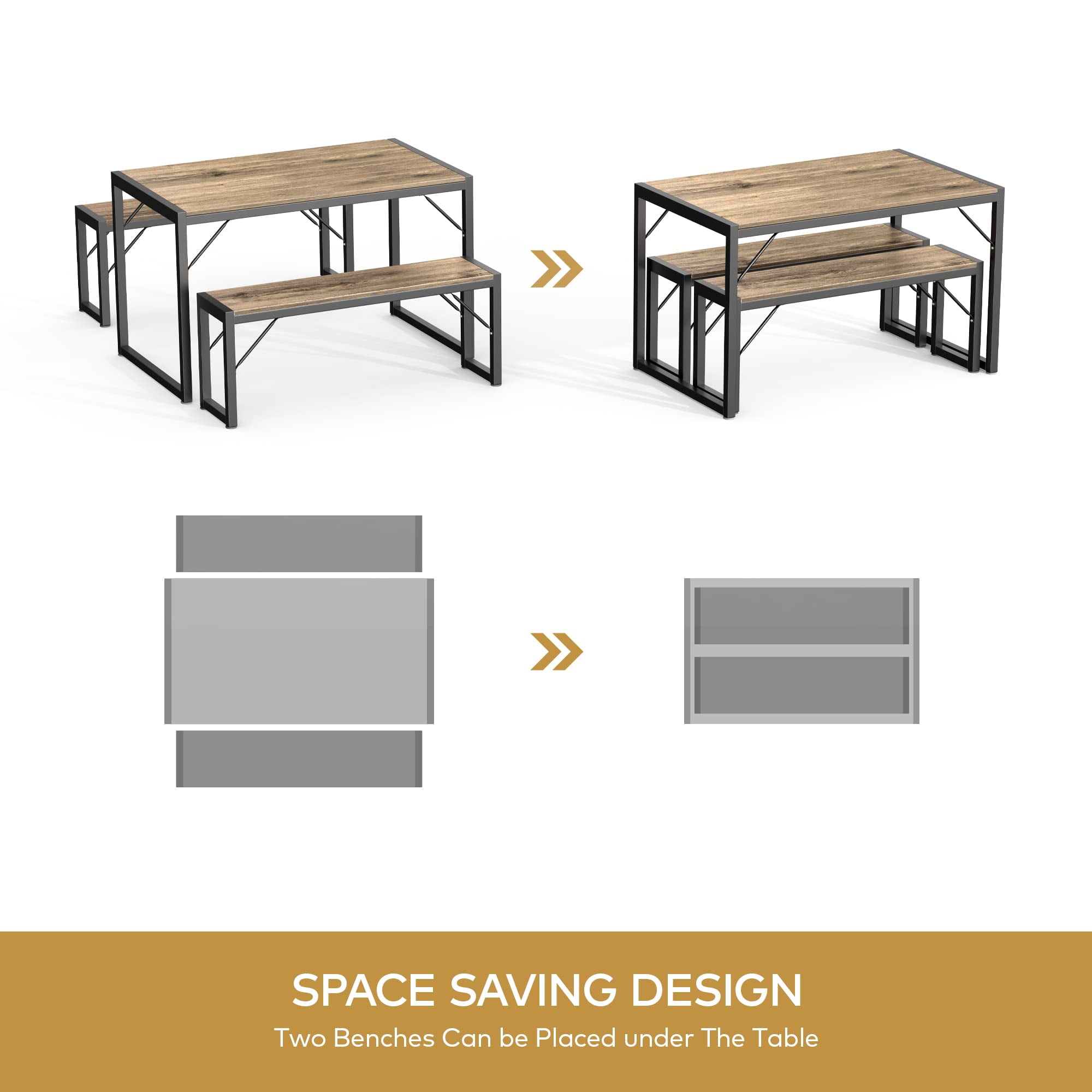 Lofka 3-Piece Modern Kitchen Dining Table Set for 4 with 1 Table & 2 Benches, Gray