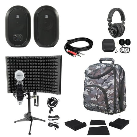 (2) JBL 104 Bluetooth Studio Monitors+Pads+Headphones+Mic+Stand+Shield+Backpack