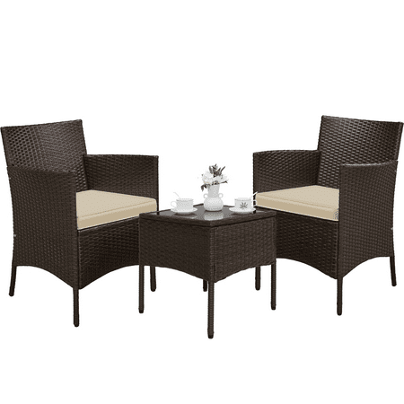 Alden Design Modern 3-Piece Bistro Set with Rattan Chairs and Table for Outdoor Patio, Brown with Beige Cushions