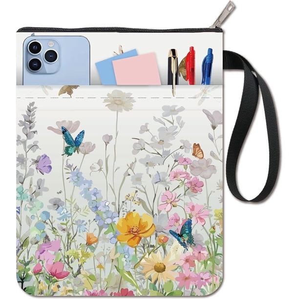 Funda de libro con diseño de flores y mariposas, protector de libros de bolsillo, lavable, con cremallera y bolsillo adicional.