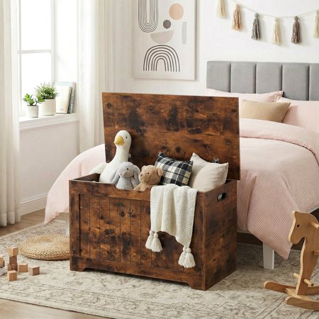 SuperDeal 30-Inch Lift Top Storage Chest Wooden Home Organizer Bench with Safety Hinged Lid Large MDF Toy Box Entryway Bedroom Living Room Rustic Brown