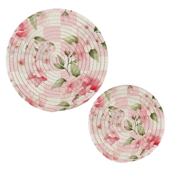 Peony Flowers Pink Pot Holders Set Trivets Hot Pads Cotton Mats for Cooking