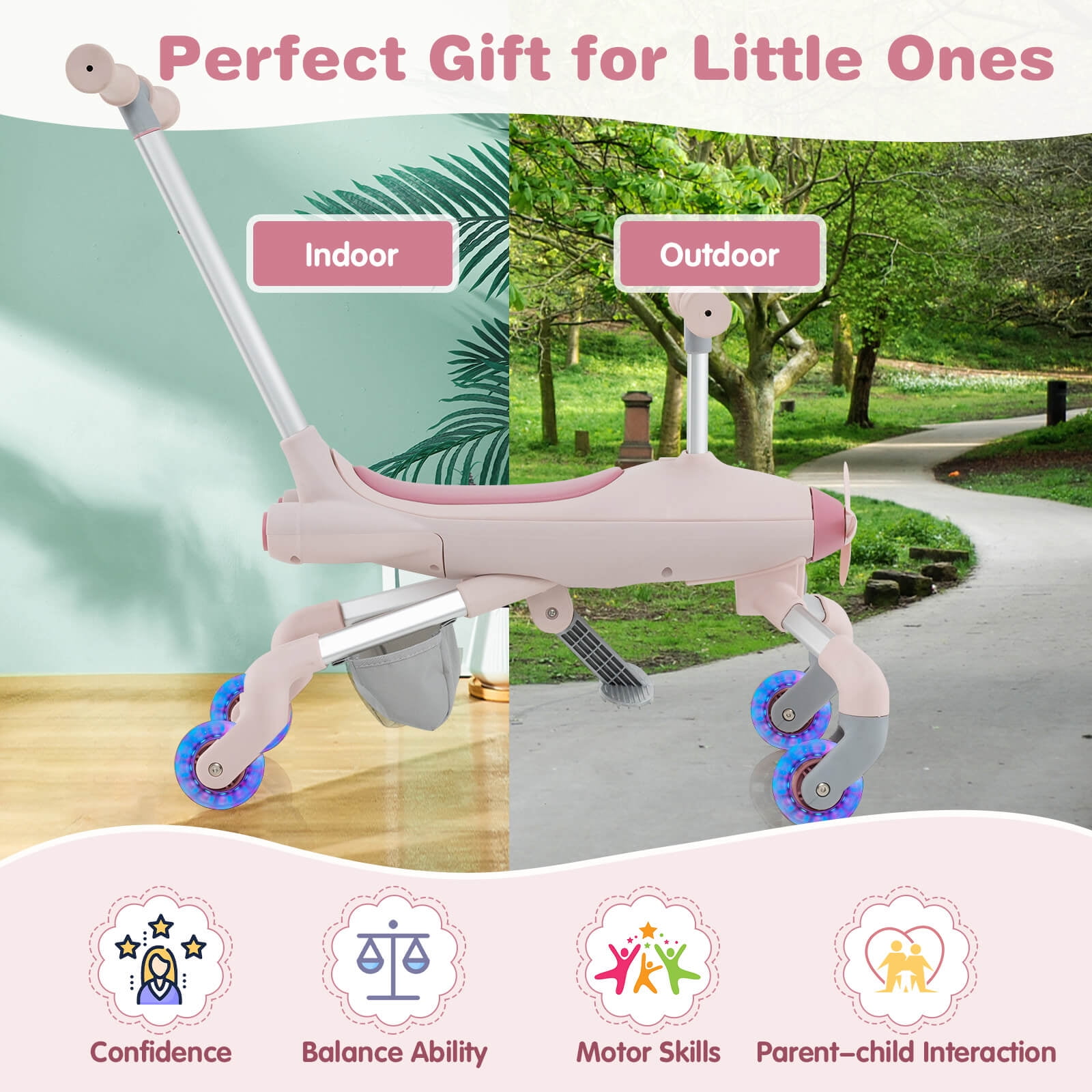 Infans 2-in-1 Kids Ride-on Push Car w/ LED Lighted Wheels Removable & Adjustable Handle