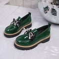thumbnail image 4 of Xucatan Women's Patent Leather Pointed Toe Flats with Hollow Bow and Rhinestone Detail, Serrated Platform Loafers with Height Increase, Comfortable Slip On Shoes for Spring Summer Walking Gift, 4 of 9