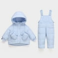 thumbnail image 2 of Jinhomg Snowsuit for Baby Boy Girl 3 Piece Thick Warm Ski Suit Winter Comfy Long Sleeve Hooded Jacket with Snowboard Overalls and String Mittens 90% off Clearance Sale Blue 2 Years, 2 of 9