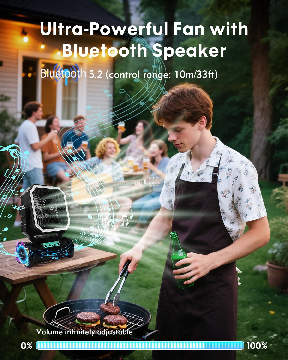 Camping Fan with Bluetooth Speaker, 20000mAh Rechargeable Battery Powered Fan with LED Light, Remote Control, Timer, Power Bank, 360° Hook, Tent Fan for Camping, Outdoor, Emergency Use, Black