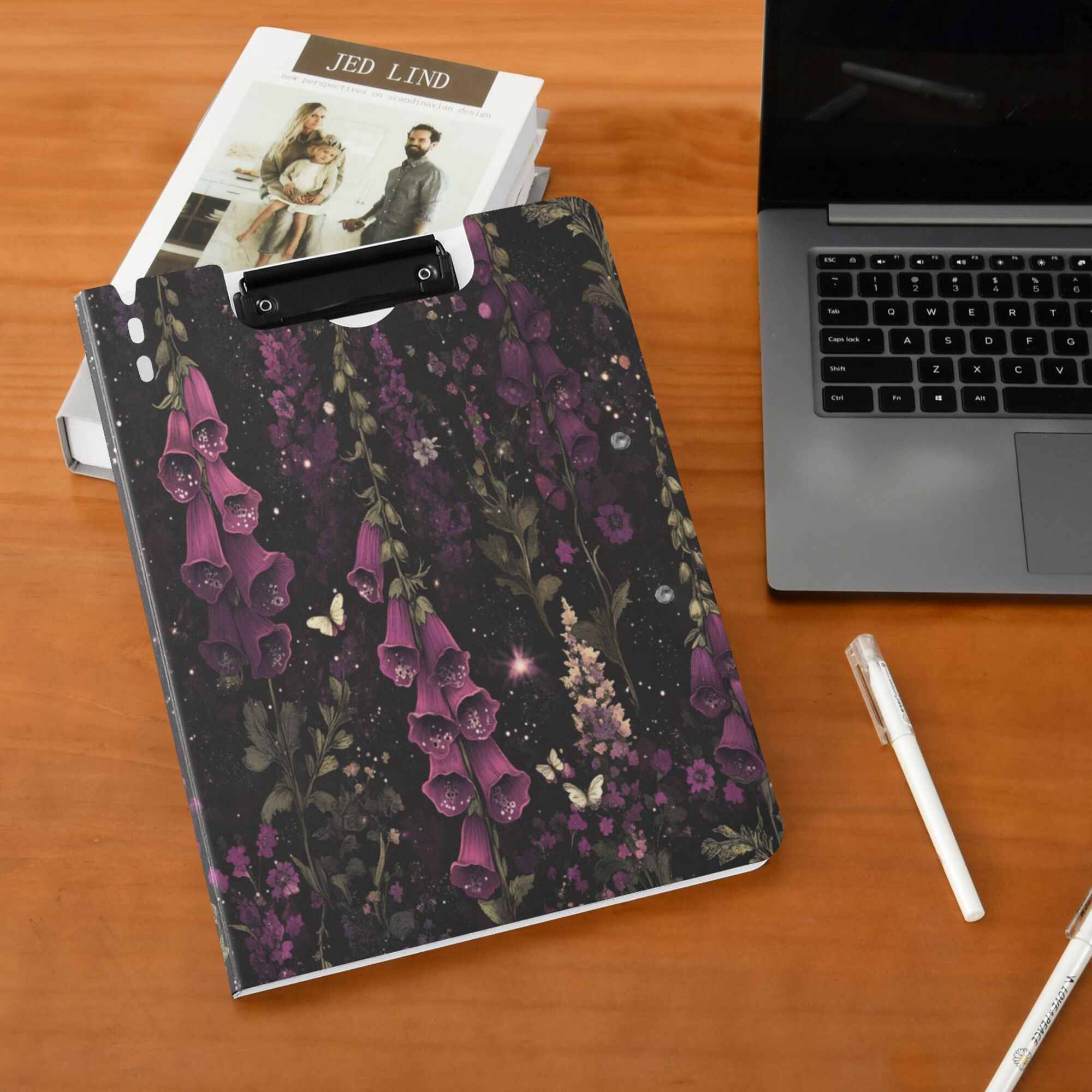 FORMRS A4 Clipboard Folder with Pen Holder Horizontal Foldable School Office Binder, Dark Purple Floral Pattern