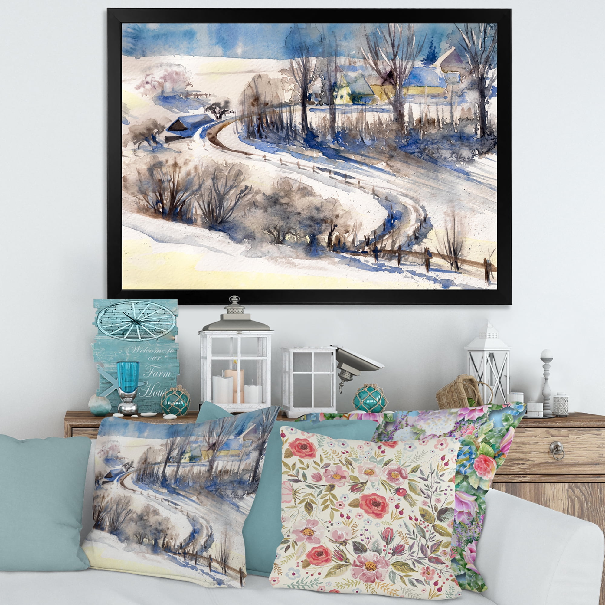 Designart 'Country Road In Winter Times Landscape I' Traditional Framed Art Print