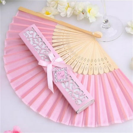 

21cm Chinese Bamboo Silk Hand Fan Wedding Favors Guests Gifts With Gift Box Pink