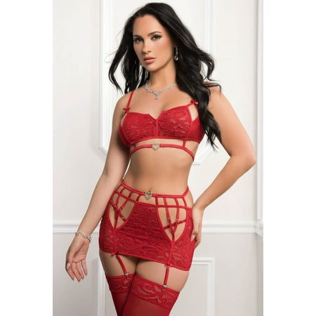 G-World Sexy Lingerie 3 Piece Zipper Front Top With Cutouts Front Garter Mini Skirt and Stockings  One Size  Red (Women s)