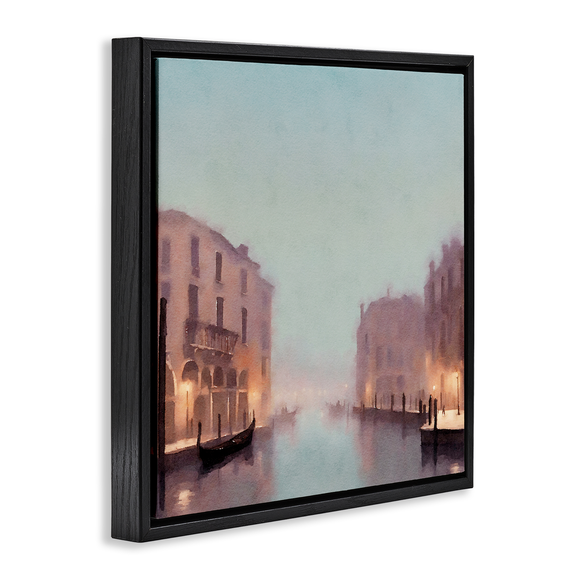 Stupell Industries Lights In Misty Canal Buildings & Architecture Painting Black Floater Framed Canvas Art Print Wall Art, 25 x 25